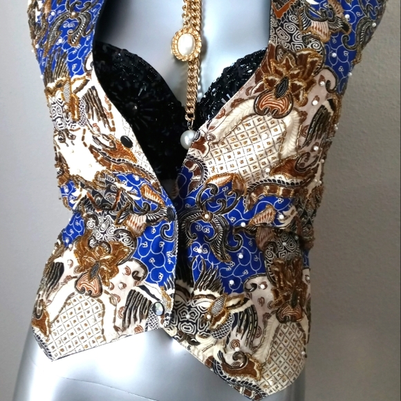 "WESTERN TRIBAL" Vintage "ART to WEAR" Ethnic Beaded Graphics Snap Buttons Vest - Picture 10 of 13